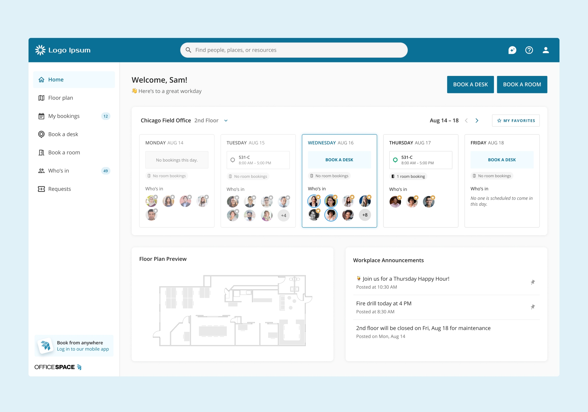A screenshot of the employee dashboard built with Mariposa components.
