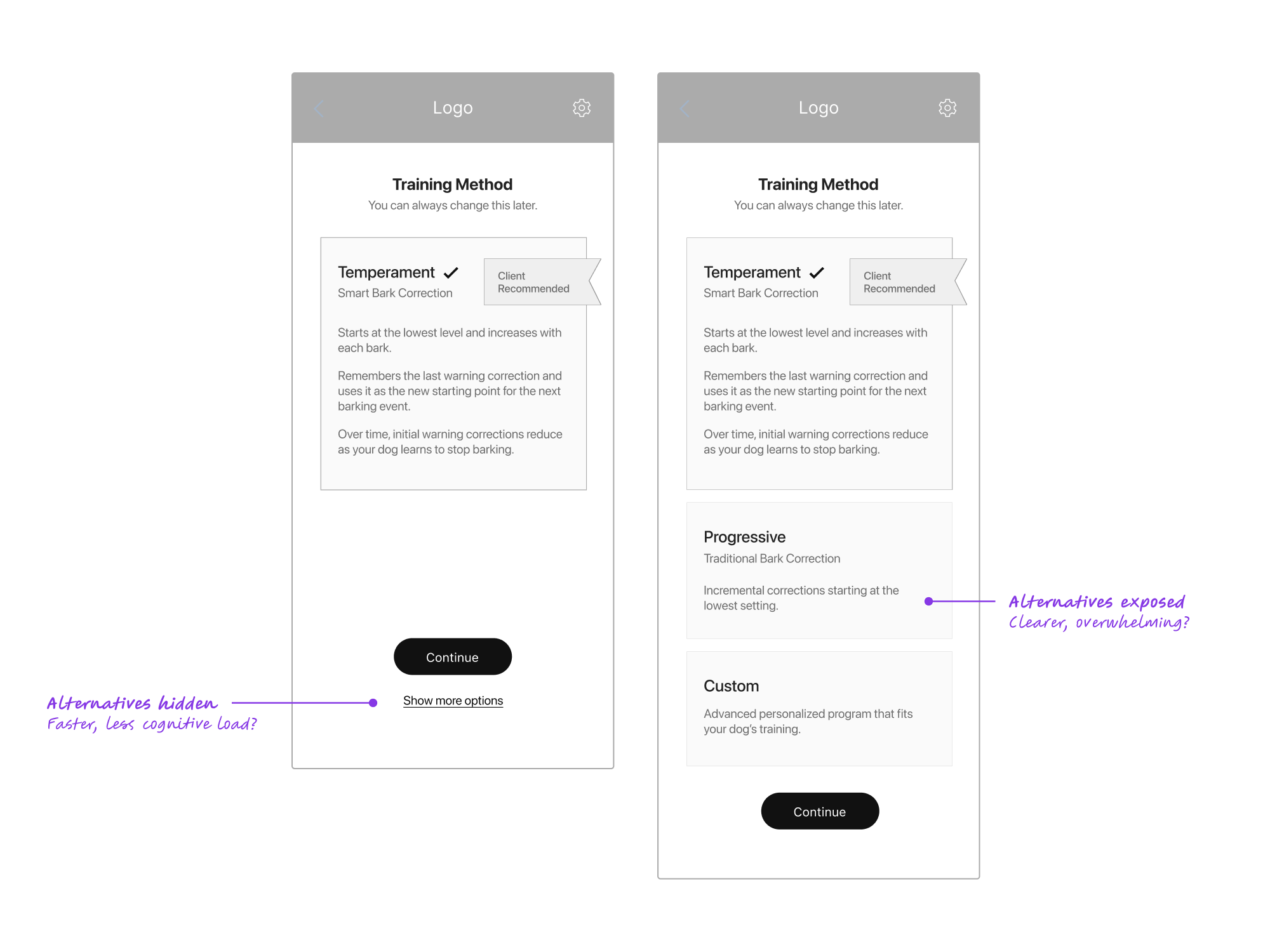 A wireframe with two approaches to onboarding.