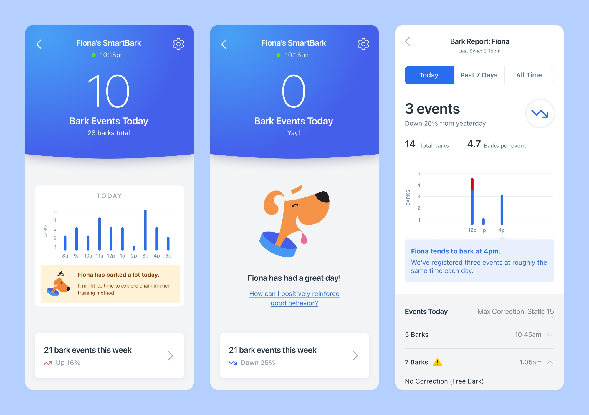 Screenshots of the final designs showing a dashboard that tracks bark events.