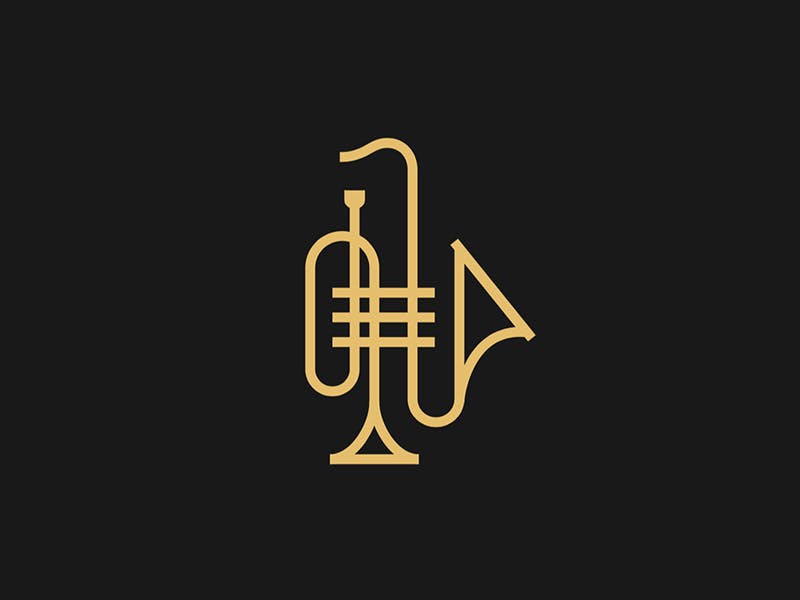 Logo of two brass instruments interlocking