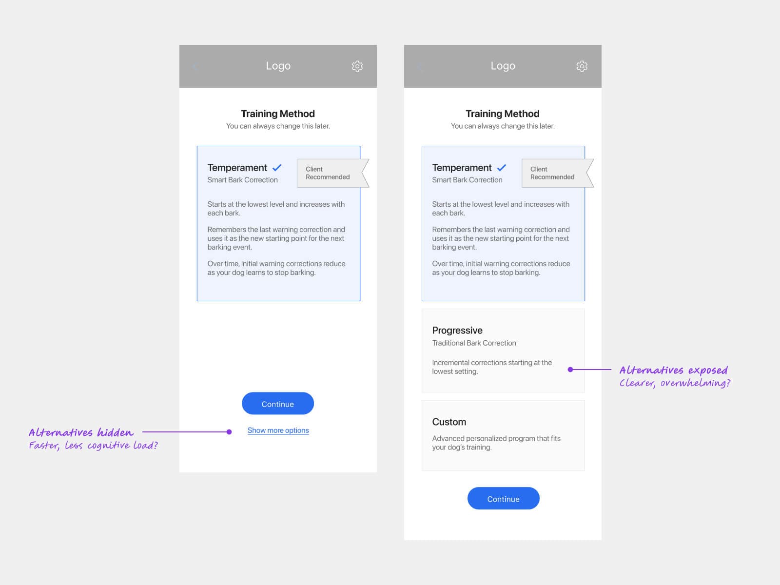 A wireframe with two approaches to onboarding.